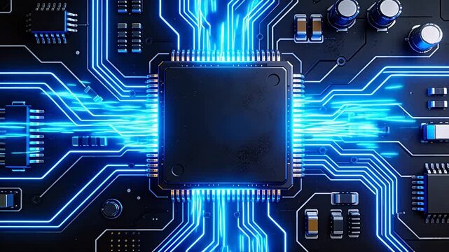 Circuit board with glowing blue lines