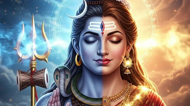 Maha shivratri shiva shakti ardhanarishvara animation showing divine cosmic balance masculine feminine energy hindu spirituality