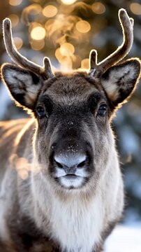 Close-up of a Reindeer in Winter Sunlight with Bokeh Background