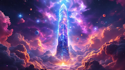 Cosmic Crystal Tower Ascending Through Colorful Nebula Clouds SciFi Fantasy
