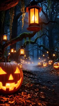 Spooky Halloween Pathway with Glowing Jack-O'-Lanterns and Lanterns