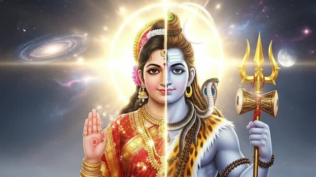 Maha shivratri Ardhanarishvara divine animation showing Shiva and Parvati sacred union with cosmic balance spiritual energy Hindu devotion and faith