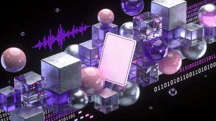 Ad Poster cyber cubes sphere abstract technology background with poker card decorations key visual