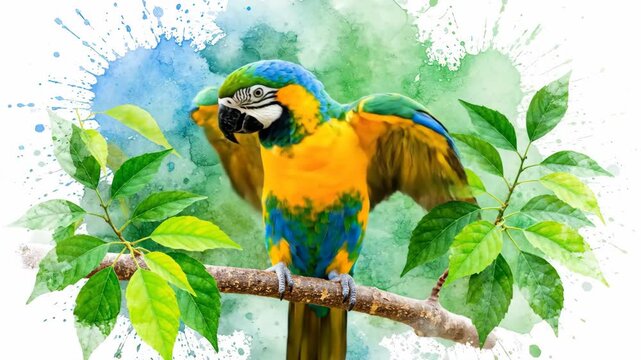 Vibrant Watercolor Parrot Perched on Branch - A vibrant watercolor illustration of a parrot perched on a branch, surrounded by vivid green leaves.