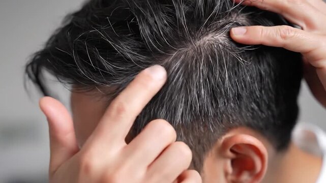 Man with gray hair on the back of his head pointing to it