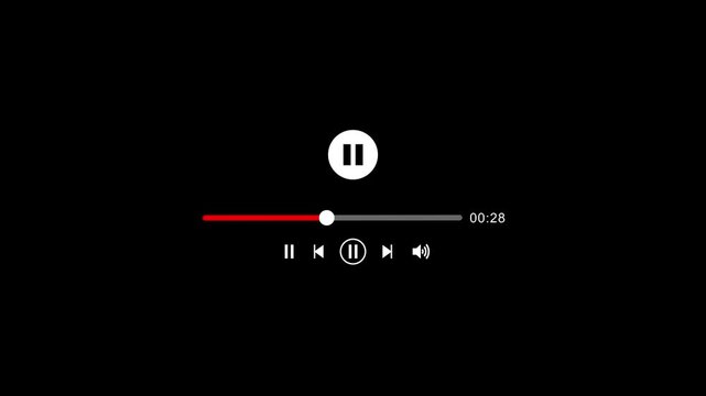 Paused player interface with play button and timeline on black background pause button