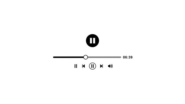 Player interface with pause button and playback controls on white background media controls