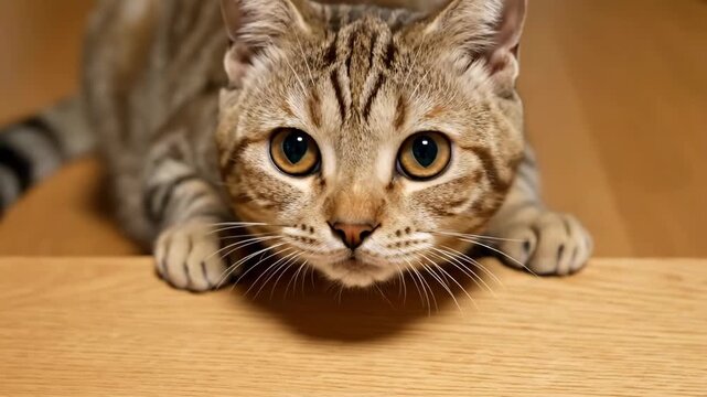 Curious Tabby Cat Peeking Over Wooden Surface - A close-up shot of a curious tabby cat peering over the edge of a wooden surface.