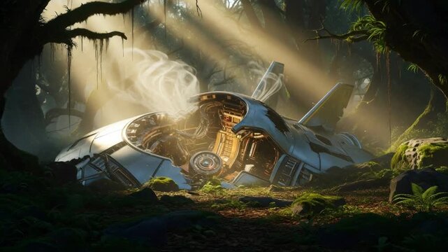 Crashed futuristic spaceship in lush forest with smoke moving upward. Sci-fi jungle scene with alien technology and secret investigation concepts.