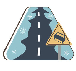 凍結した道路。雪で滑る車。スリップ注意。ベクターイラスト