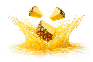 Photoreal CGI Pineapple Juice Crown Burst with Suspended Chunks &mdash; 8K Horizontal (9000&times;6000), Front 3/4 (105 mm Macro, f/11), Mid-Frame Height, Top 35% Clean Copy Space, Pure White Seamless, Isolated A