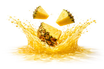 Photoreal CGI Pineapple Juice Crown Burst with Suspended Chunks &mdash; 8K Horizontal (9000&times;6000), Front 3/4 (105 mm Macro, f/11), Mid-Frame Height, Top 35% Clean Copy Space, Pure White Seamless, Isolated A