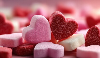 Obraz premium Colorful assortment of pink, red, and white heart-shaped candies arranged on a soft background, perfect for Valentine's Day celebrations and sweet treats