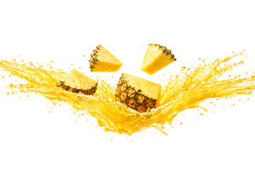 Photoreal CGI Pineapple Juice Crown Burst with Suspended Chunks &mdash; 8K Horizontal (9000&times;6000), Front 3/4 (105 mm Macro, f/11), Mid-Frame Height, Top 35% Clean Copy Space, Pure White Seamless, Isolated A