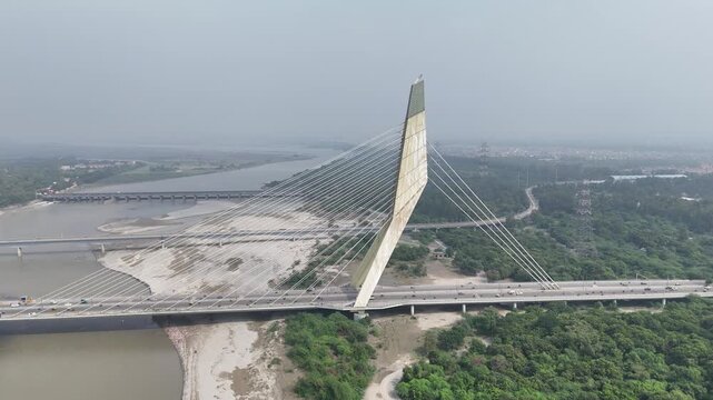 Aerial view of Signature Bridge of Delhi, India
