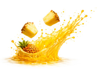 Photoreal CGI Pineapple Juice Crown Burst with Suspended Chunks &mdash; 8K Horizontal (9000&times;6000), Front 3/4 (105 mm Macro, f/11), Mid-Frame Height, Top 35% Clean Copy Space, Pure White Seamless, Isolated A