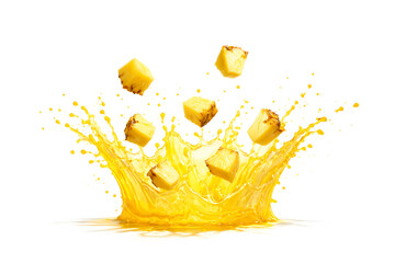 Photoreal CGI Pineapple Juice Crown Burst with Suspended Chunks &mdash; 8K Horizontal (9000&times;6000), Front 3/4 (105 mm Macro, f/11), Mid-Frame Height, Top 35% Clean Copy Space, Pure White Seamless, Isolated A