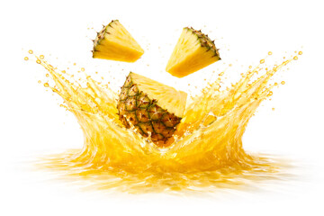 Photoreal CGI Pineapple Juice Crown Burst with Suspended Chunks &mdash; 8K Horizontal (9000&times;6000), Front 3/4 (105 mm Macro, f/11), Mid-Frame Height, Top 35% Clean Copy Space, Pure White Seamless, Isolated A