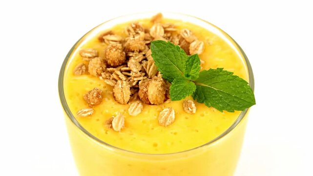 Tropical Pineapple Smoothie with Mint and Granola - A close-up shot of a refreshing pineapple smoothie in a glass, garnished with fresh mint leaves and crunchy granola.