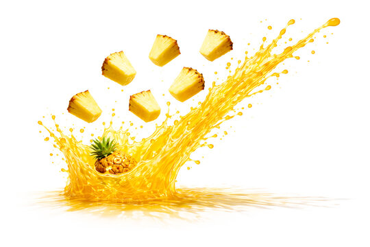 Photoreal CGI Pineapple Juice Crown Burst with Suspended Chunks &mdash; 8K Horizontal (9000&times;6000), Front 3/4 (105 mm Macro, f/11), Mid-Frame Height, Top 35% Clean Copy Space, Pure White Seamless, Isolated A
