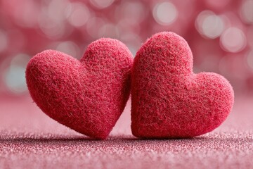 Fototapeta premium Two red hearts made of soft material are positioned closely on a pink glitter background, creating a romantic atmosphere suitable for Valentine's Day celebrations