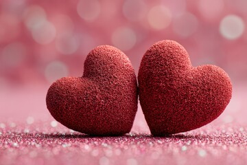 Obraz premium Two red hearts on a pink glitter background create a romantic atmosphere for Valentine's Day celebrations, perfect for love-themed designs and decorations with copy space