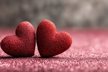 Fototapeta premium Two red glitter hearts on a pink glitter background, perfect for Valentine's Day celebrations, romantic themes, or festive decorations with copy space for text