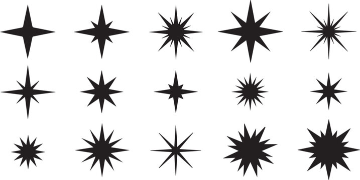 Collection of Minimalist Star and Sparkle Silhouette Icons Featuring Various Four to Twelve Pointed Starburst Designs