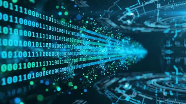 Digital Data Stream in Futuristic Environment - An abstract video featuring a stream of digital data represented by binary code, with glowing particles, moving through a futuristic environment.