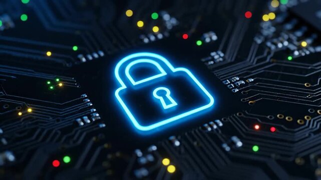 Digital Security Lock on Circuit Board - A glowing blue padlock symbol is superimposed on a futuristic circuit board.