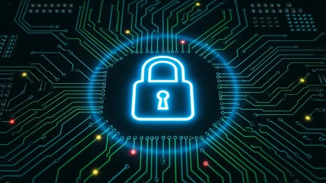 Digital Security Lock on Futuristic Circuit Board - A glowing digital lock symbol is centered on a complex, futuristic circuit board background.