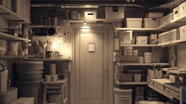 Functional organization concept inside a home storage room, logical layout and efficient use of space, uncluttered composition, soft ambient lighting, realistic household textures, editorial style 