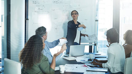 Woman, stress and tear paper at meeting with presentation with charts, review or angry at insurance...