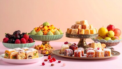 Obraz premium Aesthetic Food Photography of Healthy Ramadan Food Including Dates and Colorful Desserts for Eid Mubarak