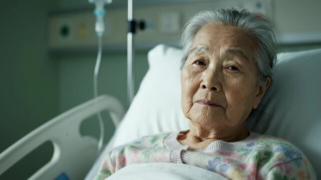 Contemplative Elderly Woman in Hospital Bed - An elderly woman gazes contemplatively while reclining in a hospital bed. The setting is softly lit, and she wears a floral sweater.