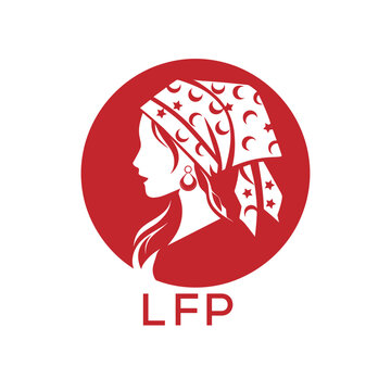 LFP Red Hijab Woman. LFP Logo with Traditional Pattern  Elegant Muslim Female Silhouette. LFP Islamic Fashion and Cultural Branding.
