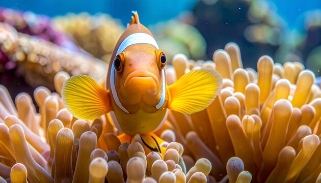 Clownfish Amidst Anemone - A Vibrant Underwater Portrait of Marine Life.