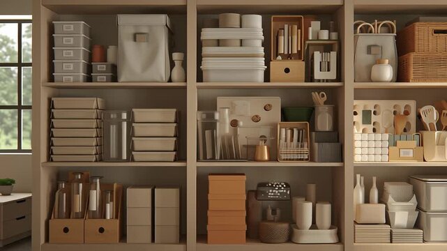 Lifestyle-focused home storage room with organized supplies, emphasis on order and everyday efficiency, balanced composition, warm neutral tones, realistic materials and lighting, premium editorial 