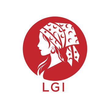 LGI Red Hijab Woman. LGI Logo with Traditional Pattern  Elegant Muslim Female Silhouette. LGI Islamic Fashion and Cultural Branding.
