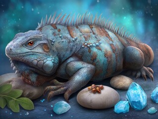 Majestic Iguana Resting on Stones with Crystals, Fantasy Art