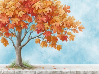 Watercolor Autumn Tree with Colorful Leaves on a Light Blue Sky Background
