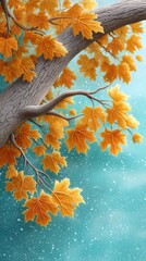 Autumn Branch with Yellow Maple Leaves on a Snowy Turquoise Background