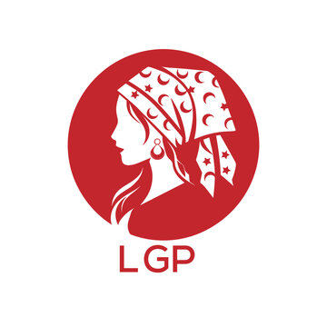 LGP Red Hijab Woman. LGP Logo with Traditional Pattern  Elegant Muslim Female Silhouette. LGP Islamic Fashion and Cultural Branding.
