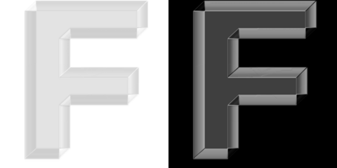 Modern 3D reflective glass letter F with chrome finish for tech startup branding and digital advertising banners