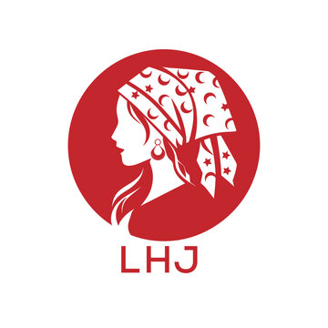 LHJ Red Hijab Woman. LHJ Logo with Traditional Pattern  Elegant Muslim Female Silhouette. LHJ Islamic Fashion and Cultural Branding.
