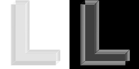 Elegant 3D reflective glass letter L with chrome finish for luxury corporate branding and identity...