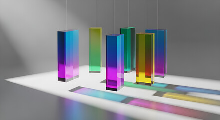 Obraz premium Abstract composition featuring multiple iridescent rectangular prisms suspended mid-air casting vibrant colored light and dynamic shadows on a minimalist white surface