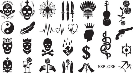 Conjunto de &iacute;conos simb&oacute;licos en estilo gr&aacute;fico. ara&ntilde;a, cuchillos, calavera, coraz&oacute;n, corona, oraci&oacute;n, trazo editable