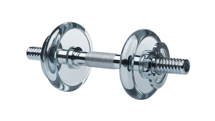 Adjustable dumbbell weight with chrome finish and knurled handle for grip Transparent PNG.