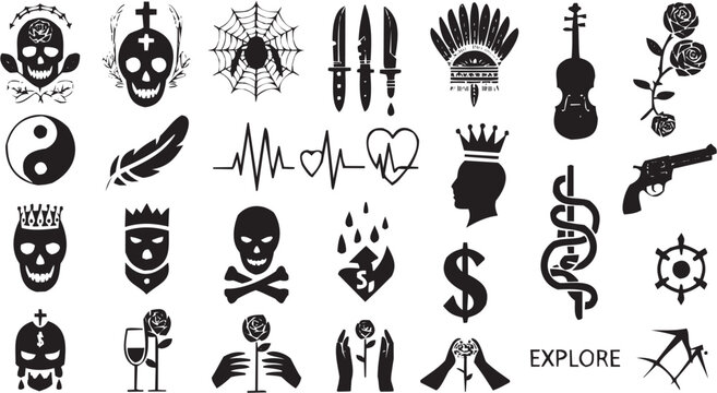 Conjunto de &iacute;conos simb&oacute;licos en estilo gr&aacute;fico. ara&ntilde;a, cuchillos, calavera, coraz&oacute;n, corona, oraci&oacute;n, trazo editable